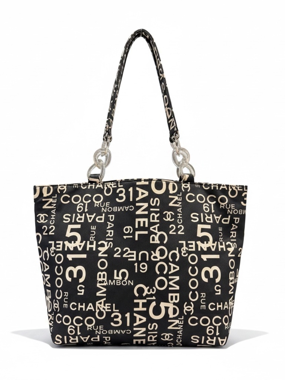 CHANEL Black Canvas Logo Print Tote with Ivory Accents